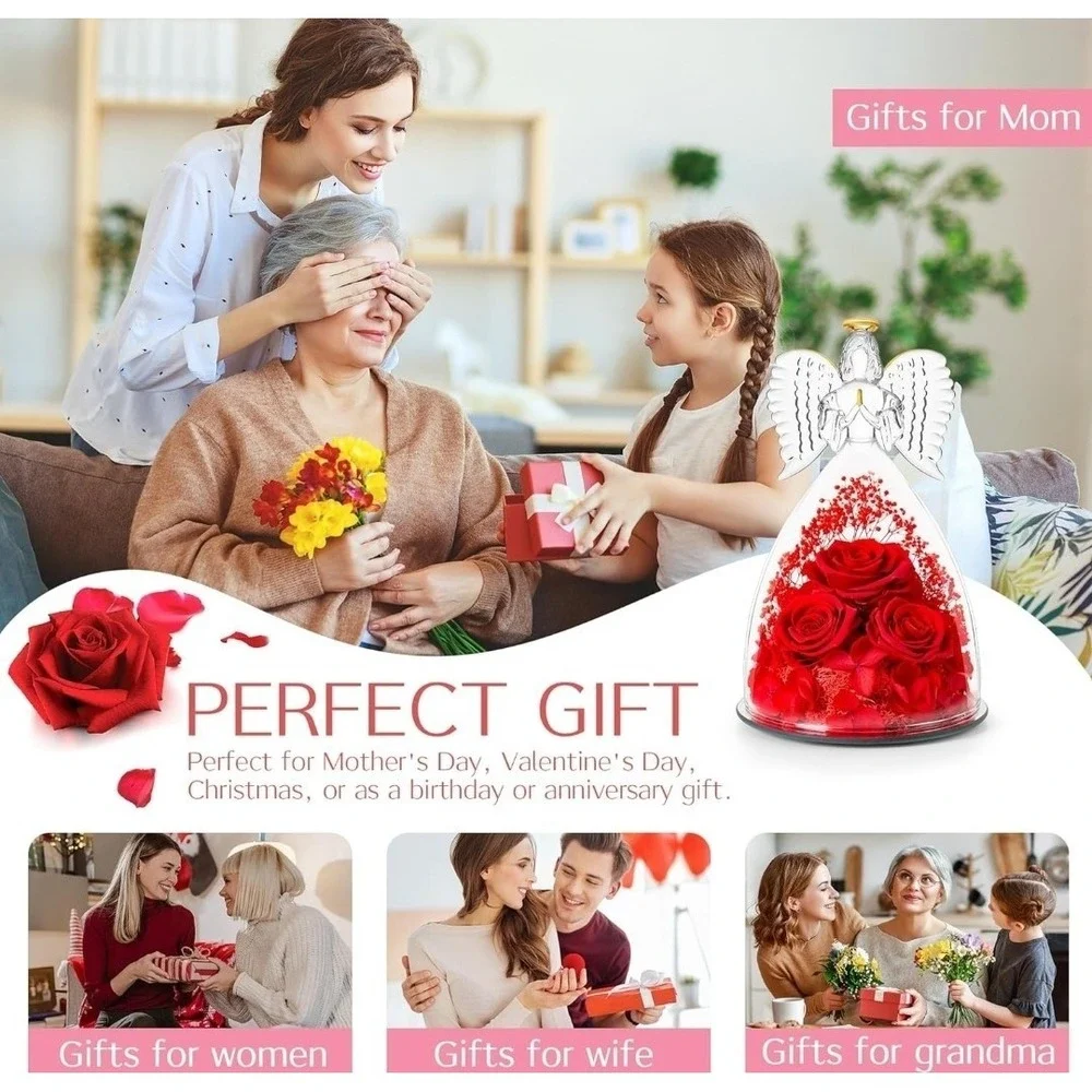 Valentines Flower Gift for Grandma Mom, Forever Real Roses in Angel Figurine